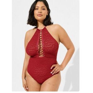 Elegant Red Lace-Up Bodysuit